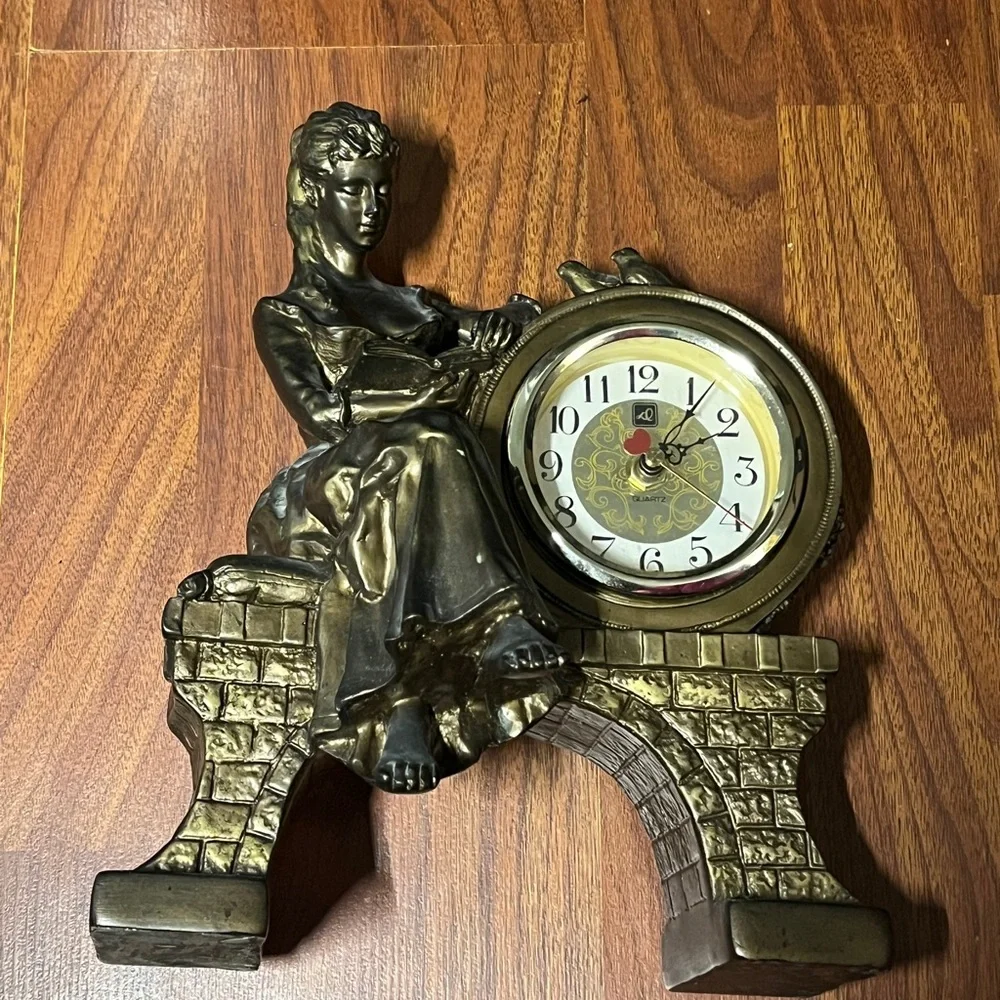 Vintage Victorian Lady Figural Clock Bronze Tone Mantel Decor Taiwan ‼️WORKS‼️